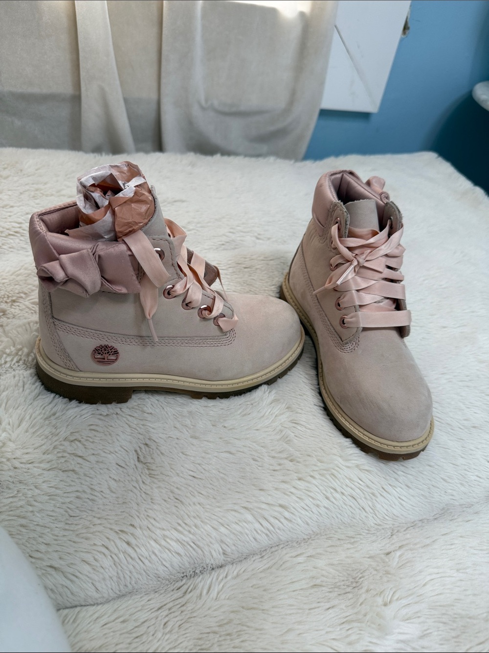 Timberland Kids Blush Pink Satin Lace-Up Ankle Boots